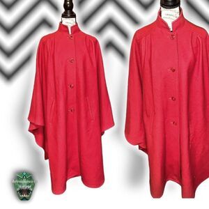 VINTAGE Herman Kay 70’s Wool Blend Striking Red Oversized Cape Shawl Coat,One Si